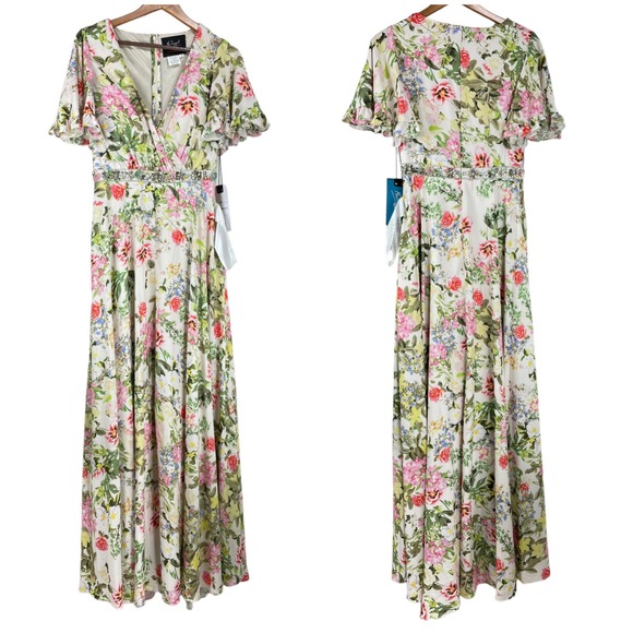 Mac Duggal NWT Floral Faux Wrap Flutter Sleeve A-line Gown Size 4 Jewel Belt - Picture 3 of 10